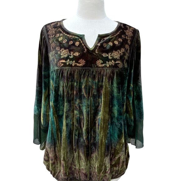 Velvet Embroidered Mesh Babydoll Top Green Artsy Whimsigoth Dark Fairy Grunge-1X - Picture 7 of 16